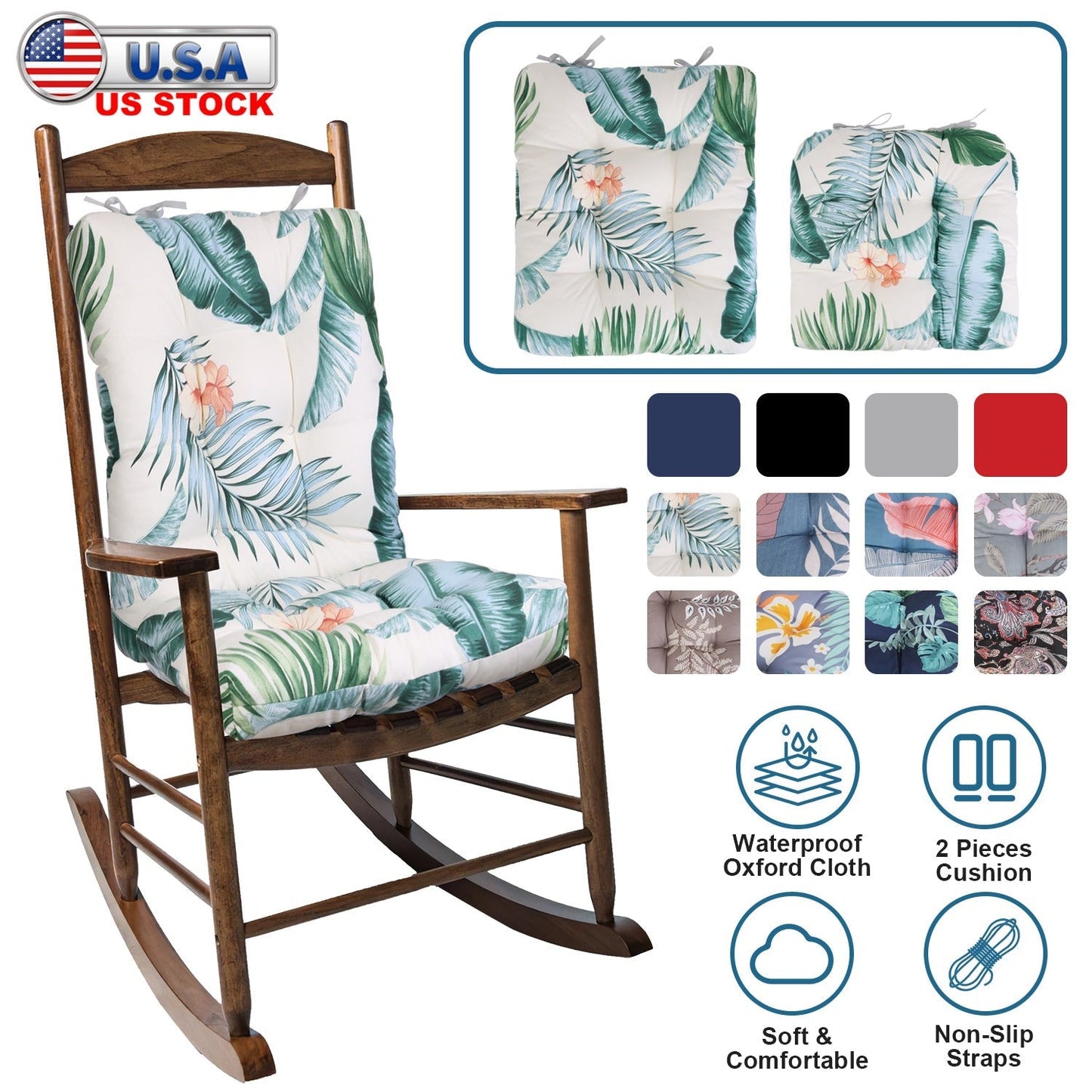 2Pcs Waterproof Rocking Chair Cushion Upper And Lower Back And Seat Sets with Non-Slip Ties Oxford Cloth Surface Polyester Filling Comfortable for Ind
