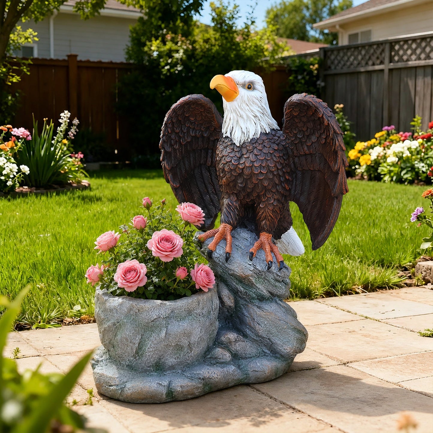 Standing Eagle Statue Garden Planter on Faux Stone Base