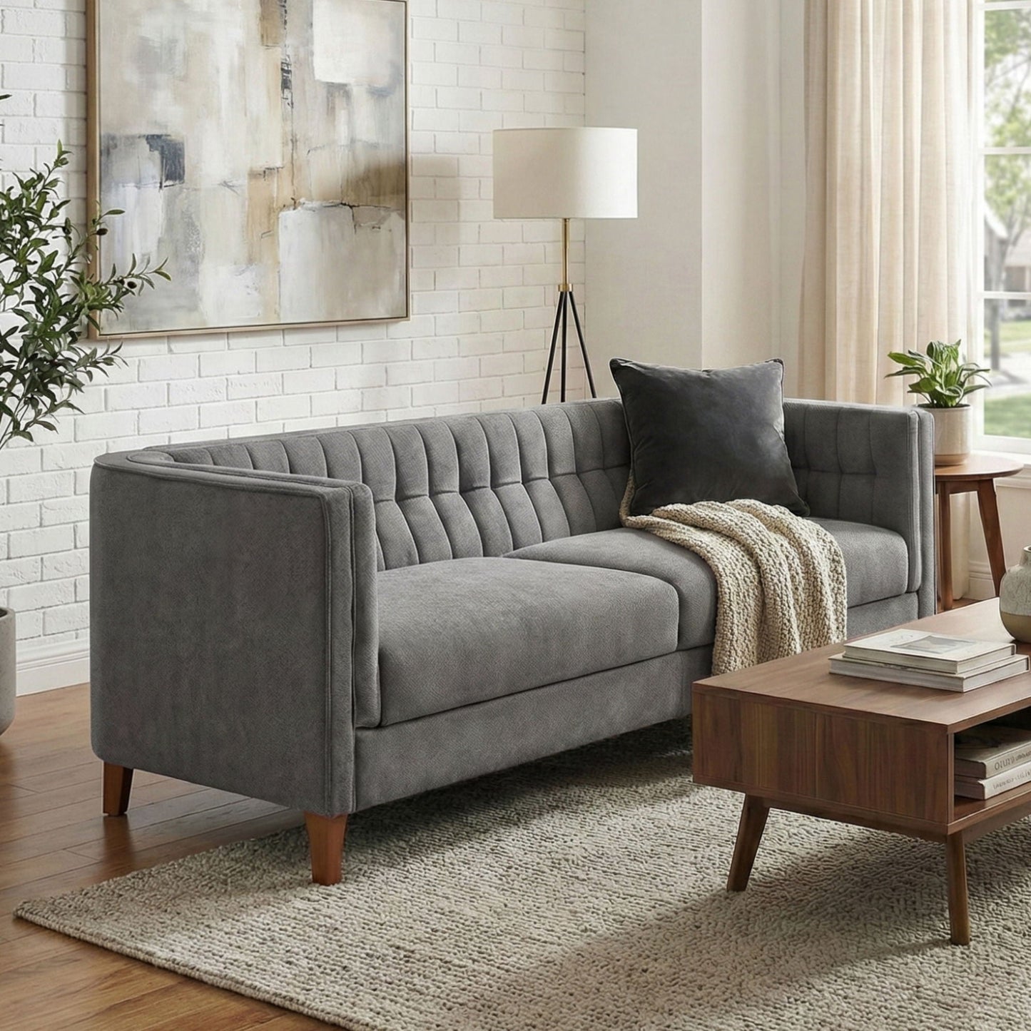 Modern 3 Seater Sofa Upholstered Couch with Curved Armrests