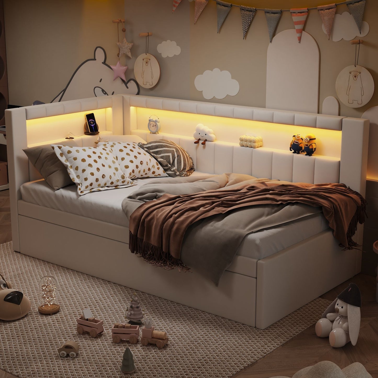 Upholstered Platform Bed With USB Ports And LED Belt