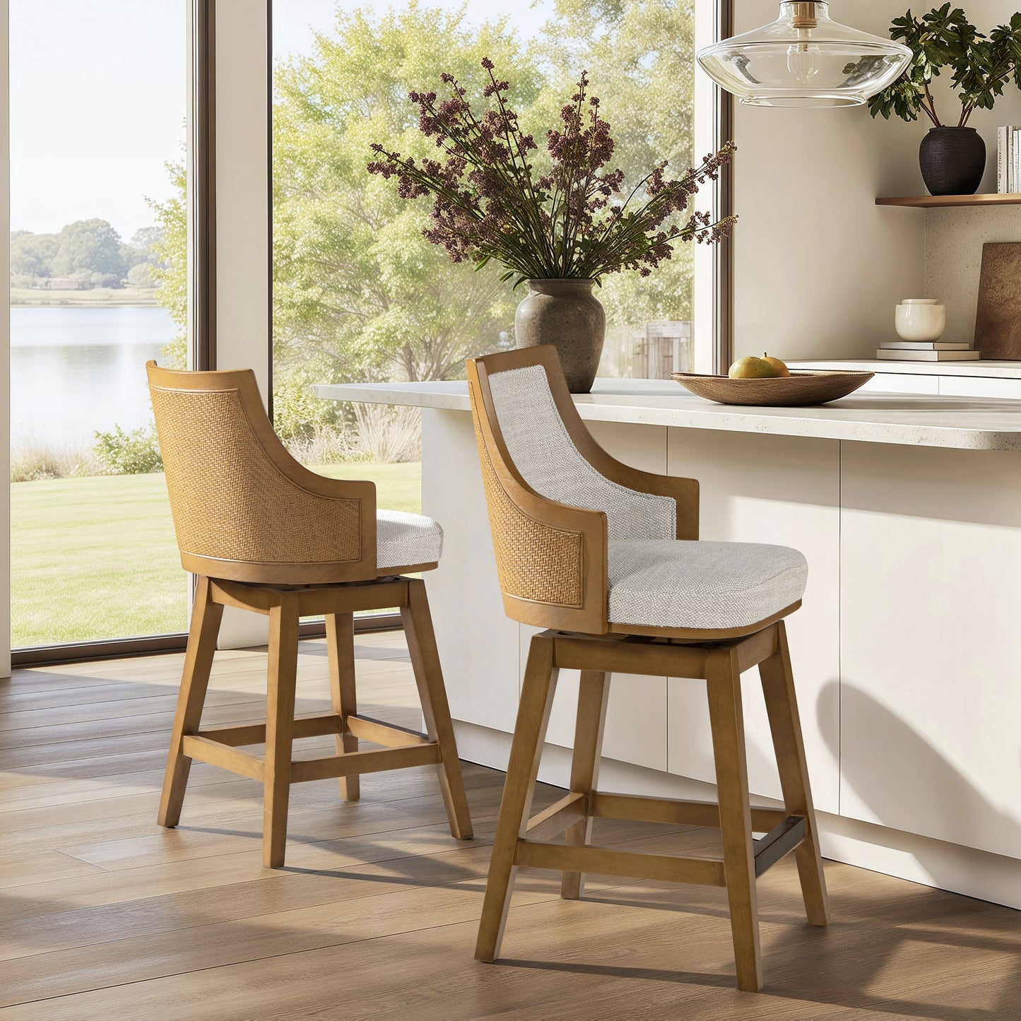 Bahama 26" Cane Rattan High-Back Swivel Counter Stool with Recessed Arms
