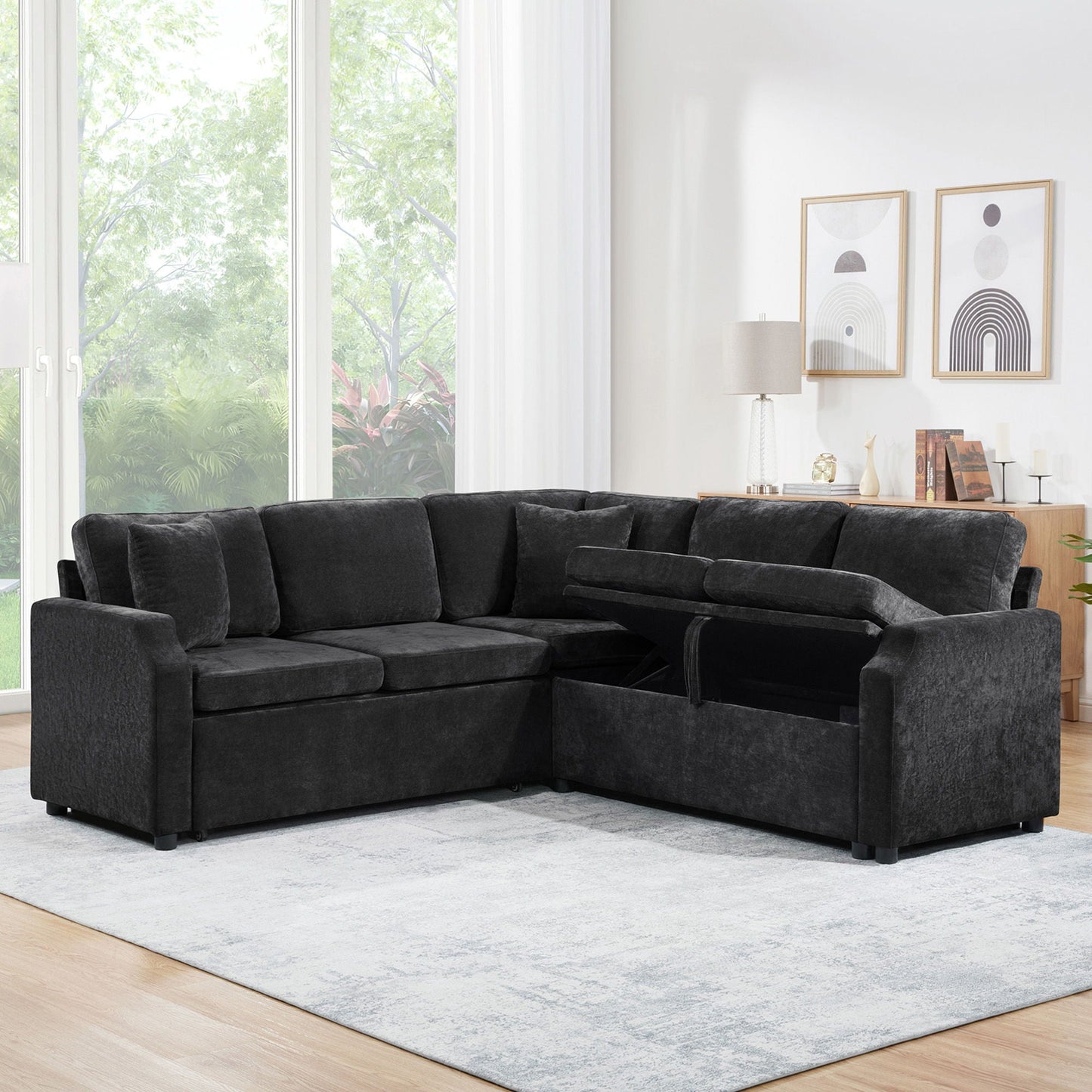 Modern L Shaped Sectional Sofa Bed With Hidden Storage Upholstery