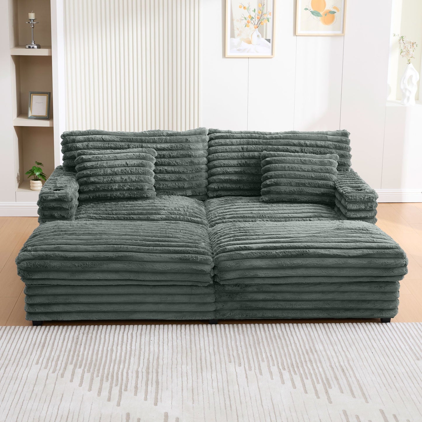 Oversized Double Chaise Lounge Sofa Bed With USB Ports And Cup Holders