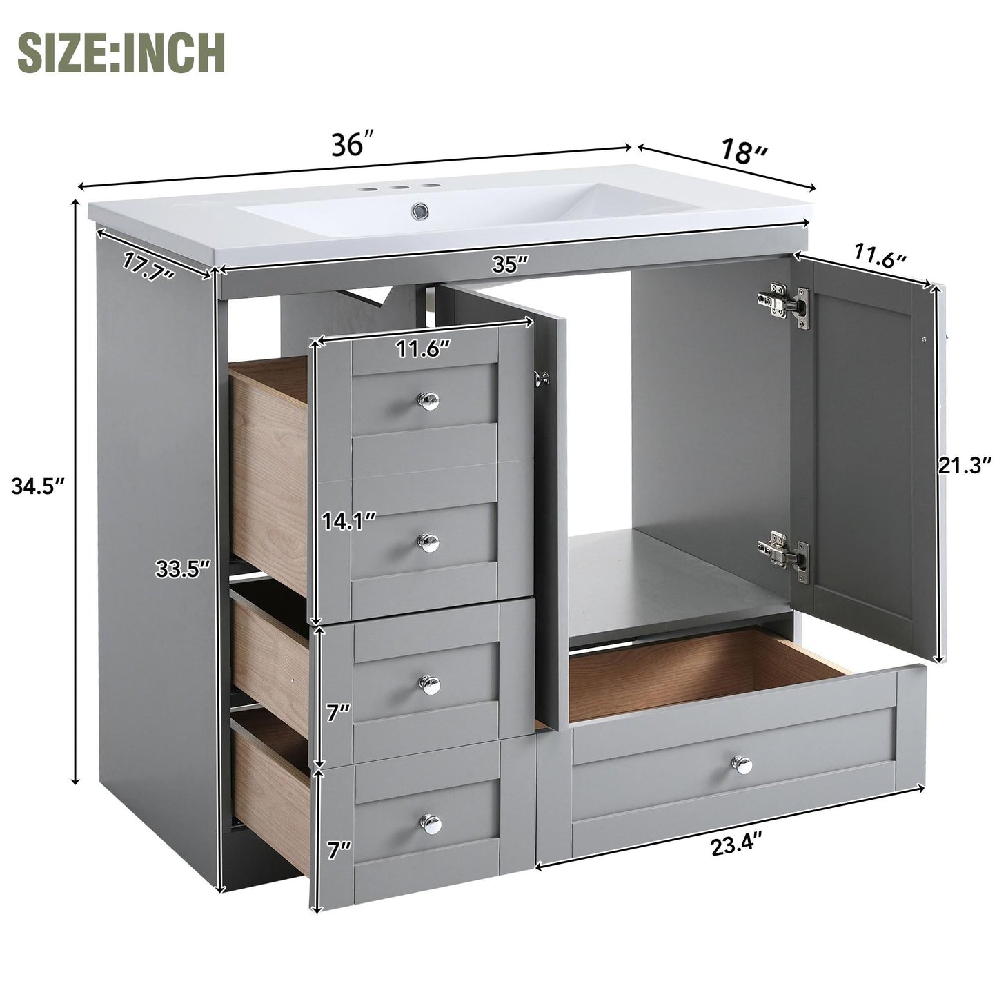 36 Inch Shaker Style Free-Standing Bathroom Vanity Cabinet with Sink