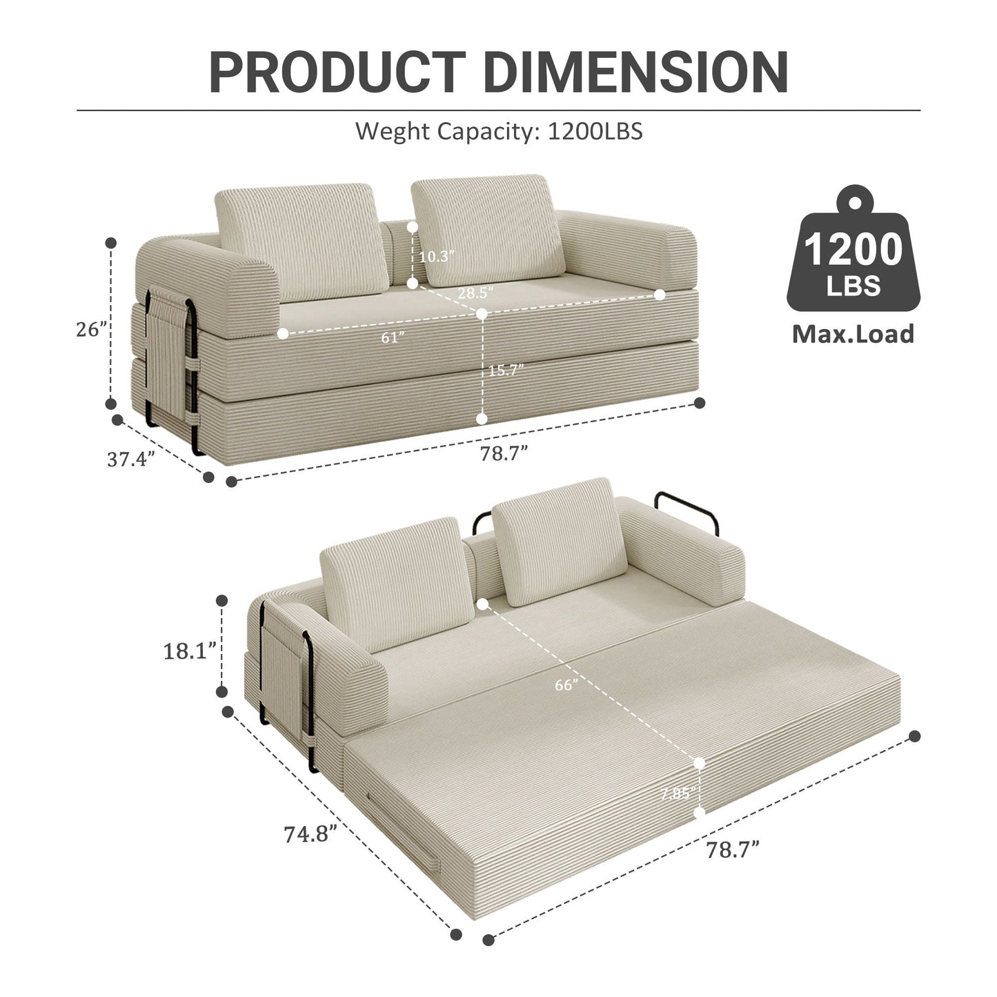 Convertible Sleeper Sofa Bed With Cylindrical Pillow