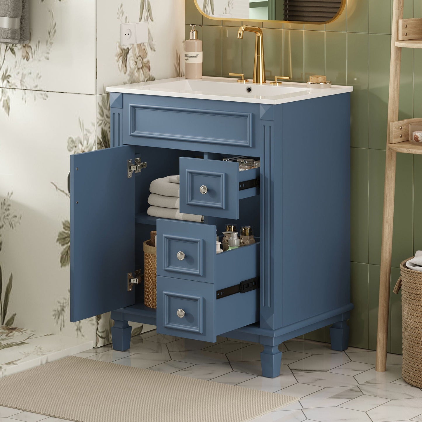 Bathroom Vanity With Ceramic Sink, Compact Cabinet With 2 Drawers And Adjustable Shelf - Blue