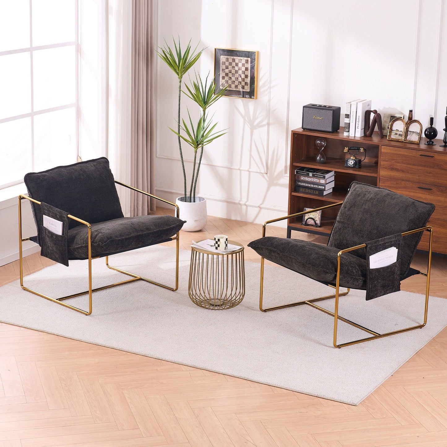 Upholstered Hanging Armchair With Arm Pocketsmetal Frame (Set of 2), Plated Craftsmanship, Crushed Foam Cushions And Skin-Friendly Woven Fabric For Living Room And Bedroom