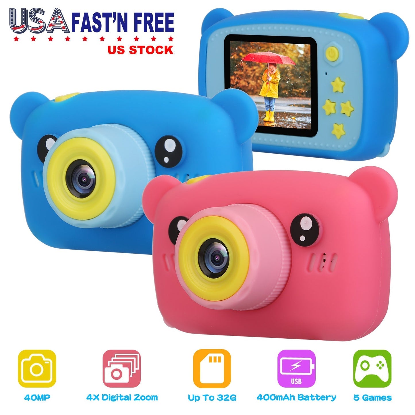 Kids Digital Camera Child Video Camera Children Camcorder Christmas Toy Birthday Gifts with 2.0in Screen 4X Digital Zoom 5 Games 32G MMC Card for 3-10