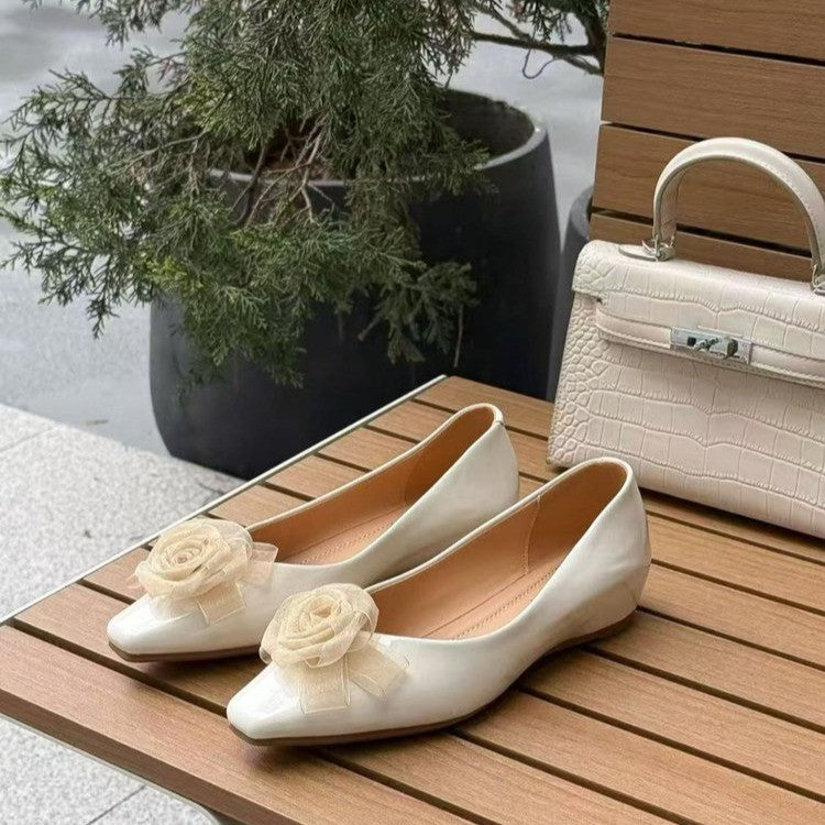 2026 Summer French Style Patent Leather Flats Women, Square Toe Shallow Shoes With 3D Mesh Rose, Slip-on Elegant Daily Ballet Shoes