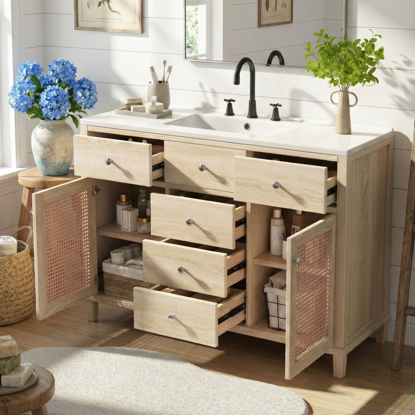 48-Inch Natural Rattan Bathroom Vanity