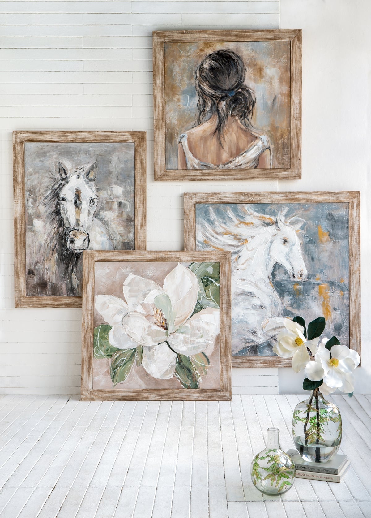 35.4x47.2x1.2" Hand-Painted White Horse Artwork