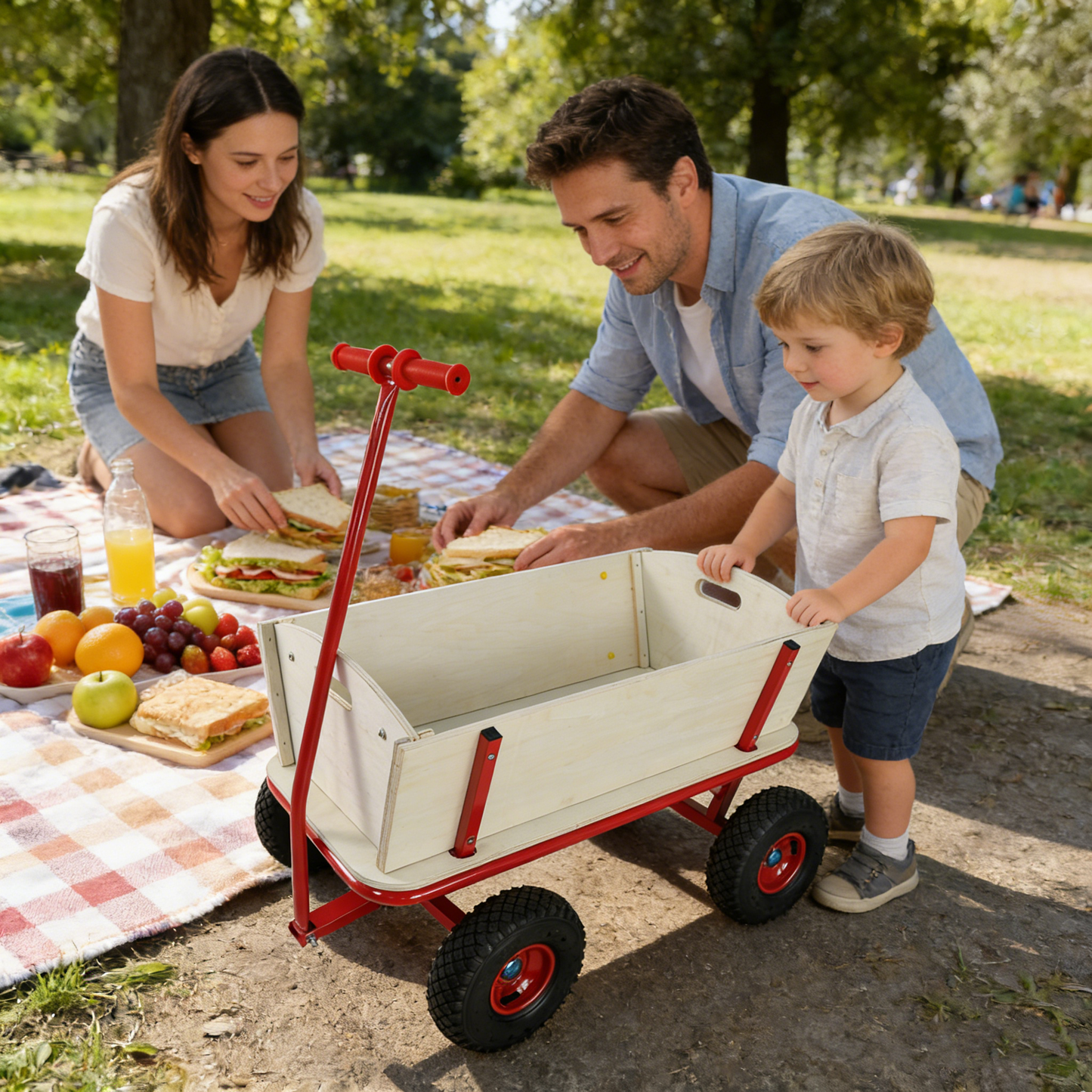 Wooden Children's Outdoor Stroller with Four-Wheel Design