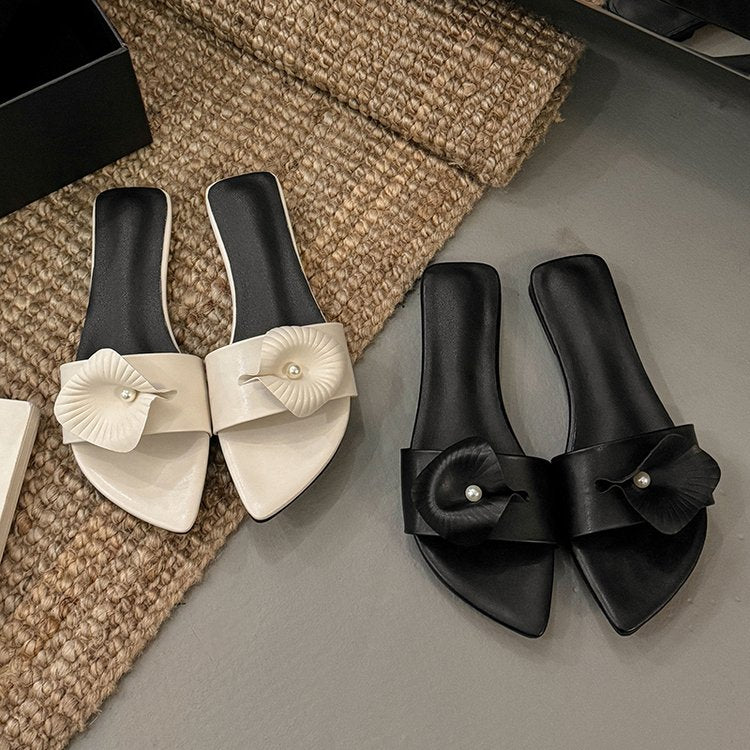 Calla Lily Design Vacation Style Genuine Leather Floral Slip On Sandals, Women Round Toe Special Mid Heel Real Leather Outdoor Slippers For Summer