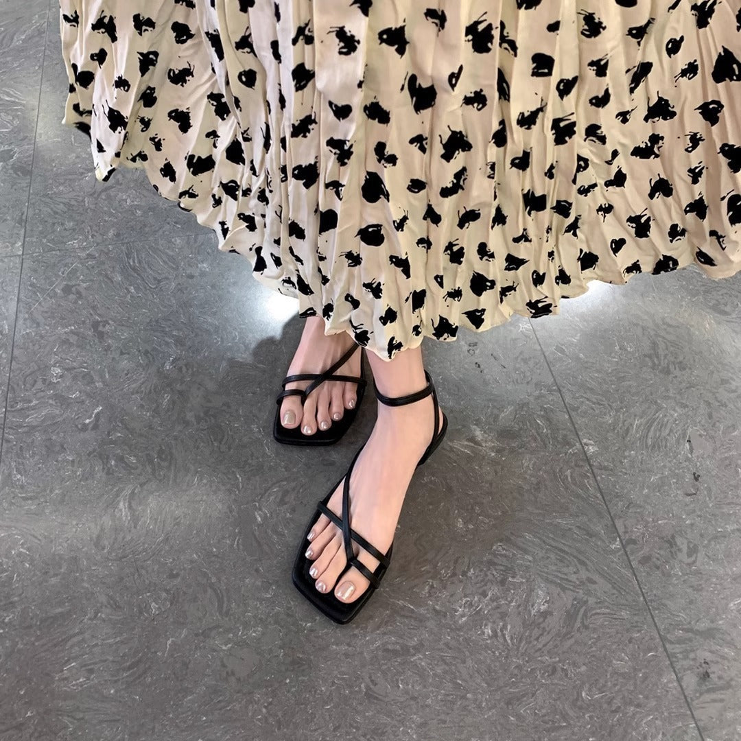 Square-toe Cross-strap Thong-style Flat Sandals