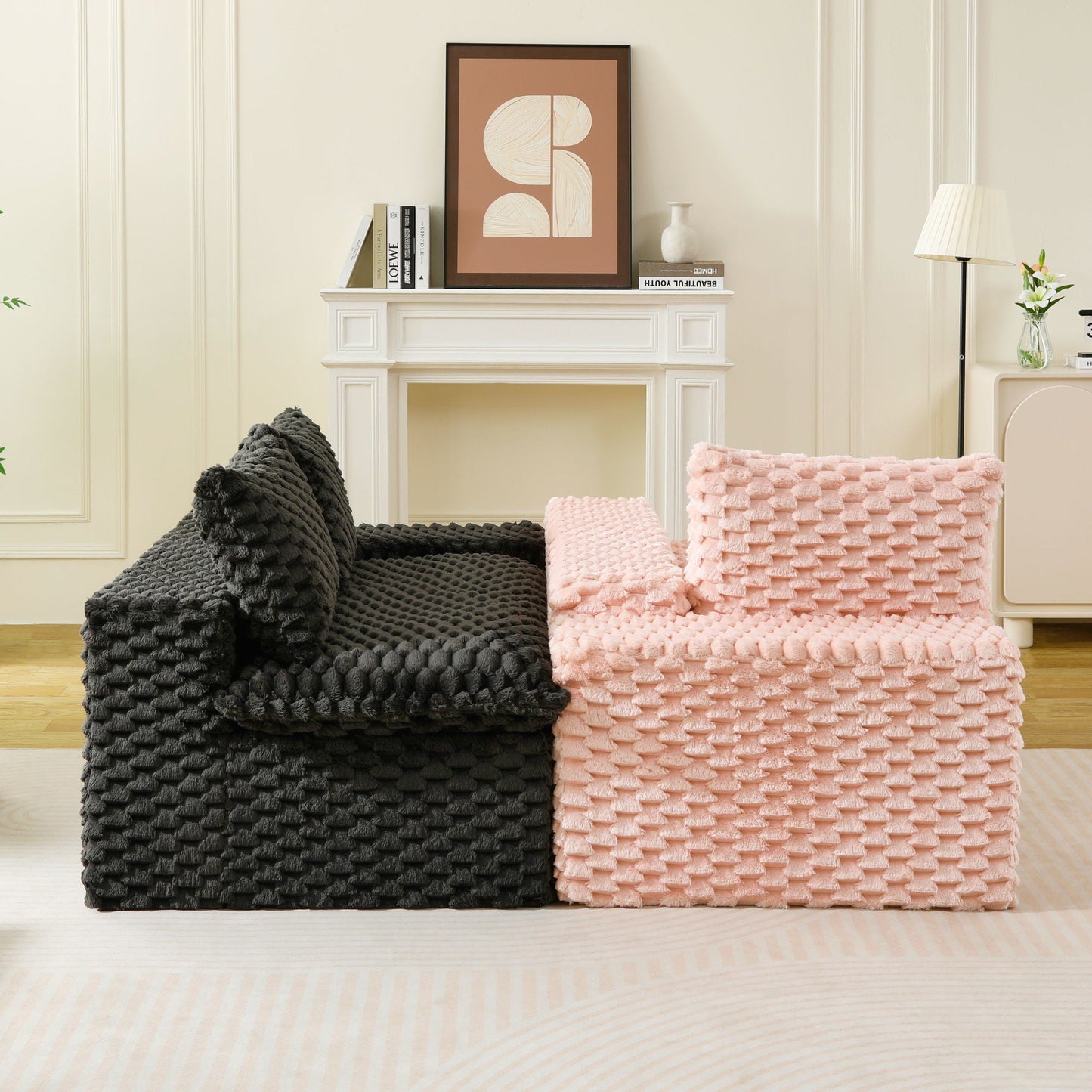 Multifunctional Sofa Pink Black, Fits 4 People