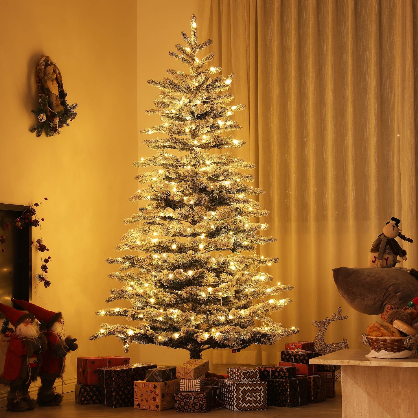 6.5 Ft Pre-Lit Snow Flocked Mountain Pine Artificial Christmas Tree