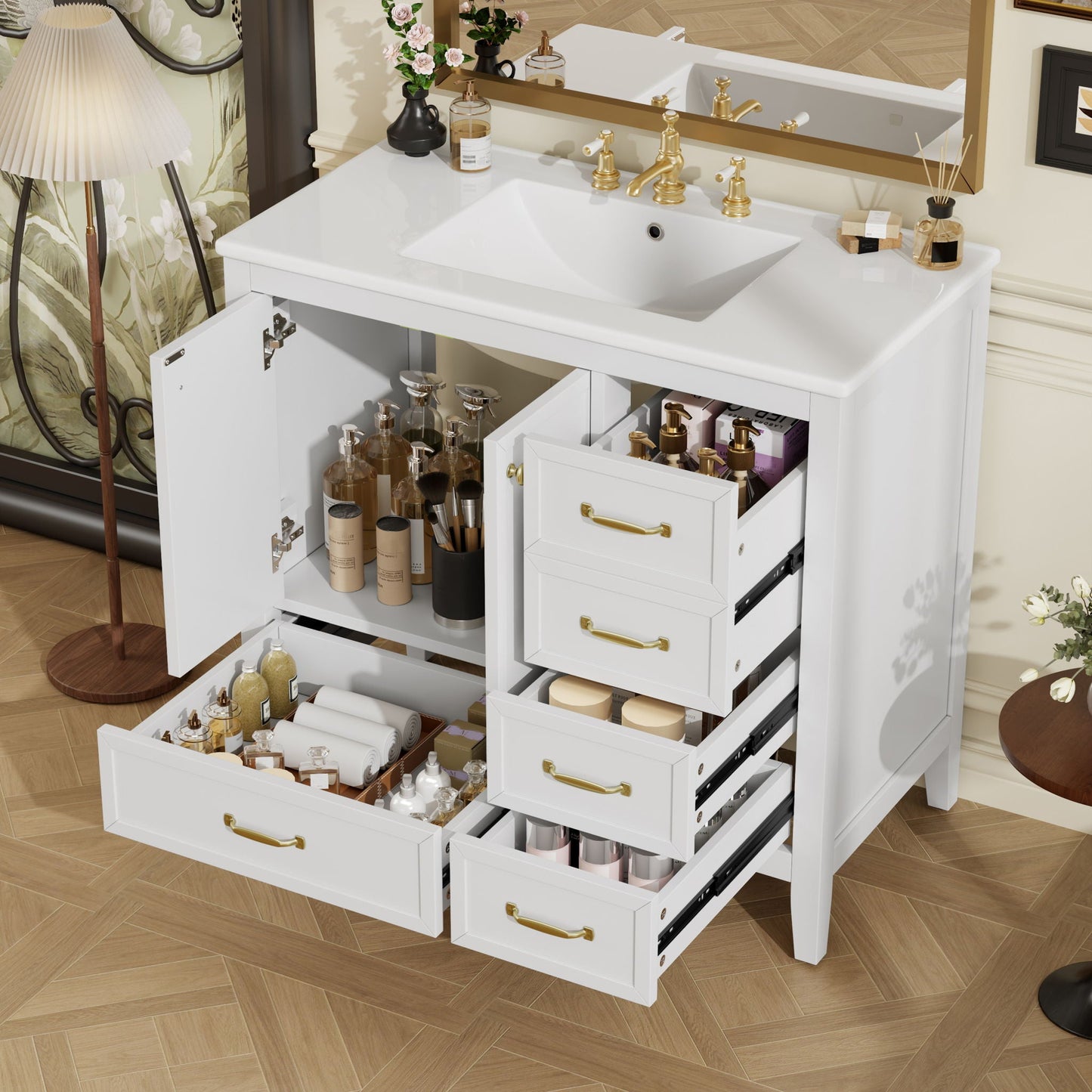 Elegant Vintage Bathroom Vanity With Sink and Soft Closing Drawers
