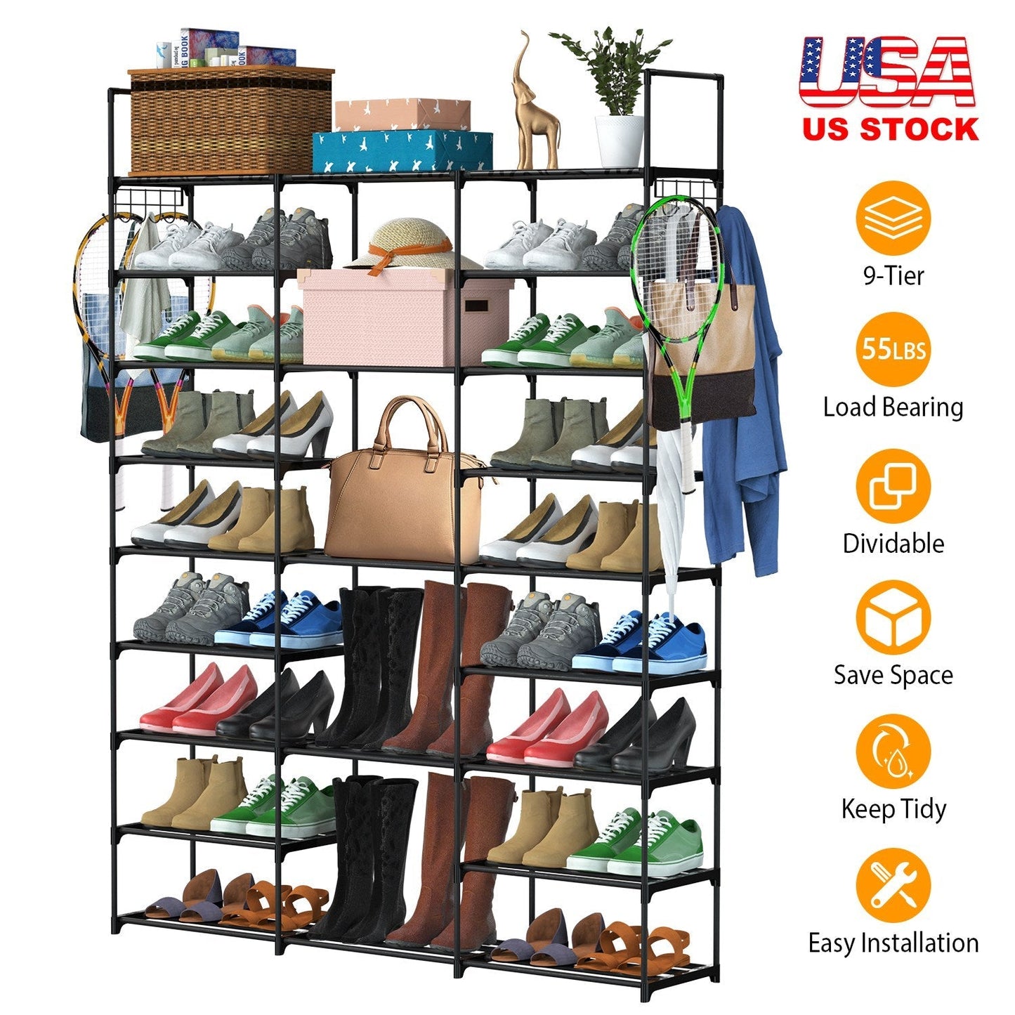 9 Tiers Shoe Rack Metal Shoe Storage Shelf Free Standing Large Shoe Stand 50-55 Pairs Shoe Tower Unit Tall Shoe Organizer with 2 HooksÊfor Entryway Cl