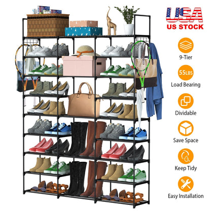 9 Tiers Shoe Rack Metal Shoe Storage Shelf Free Standing Large Shoe Stand 50-55 Pairs Shoe Tower Unit Tall Shoe Organizer with 2 HooksÊfor Entryway Cl