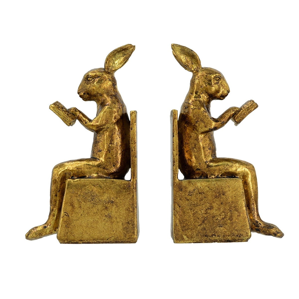 3.9x2.8x6.9' Sitting Rabbit Bookends With Antique Gold Finish