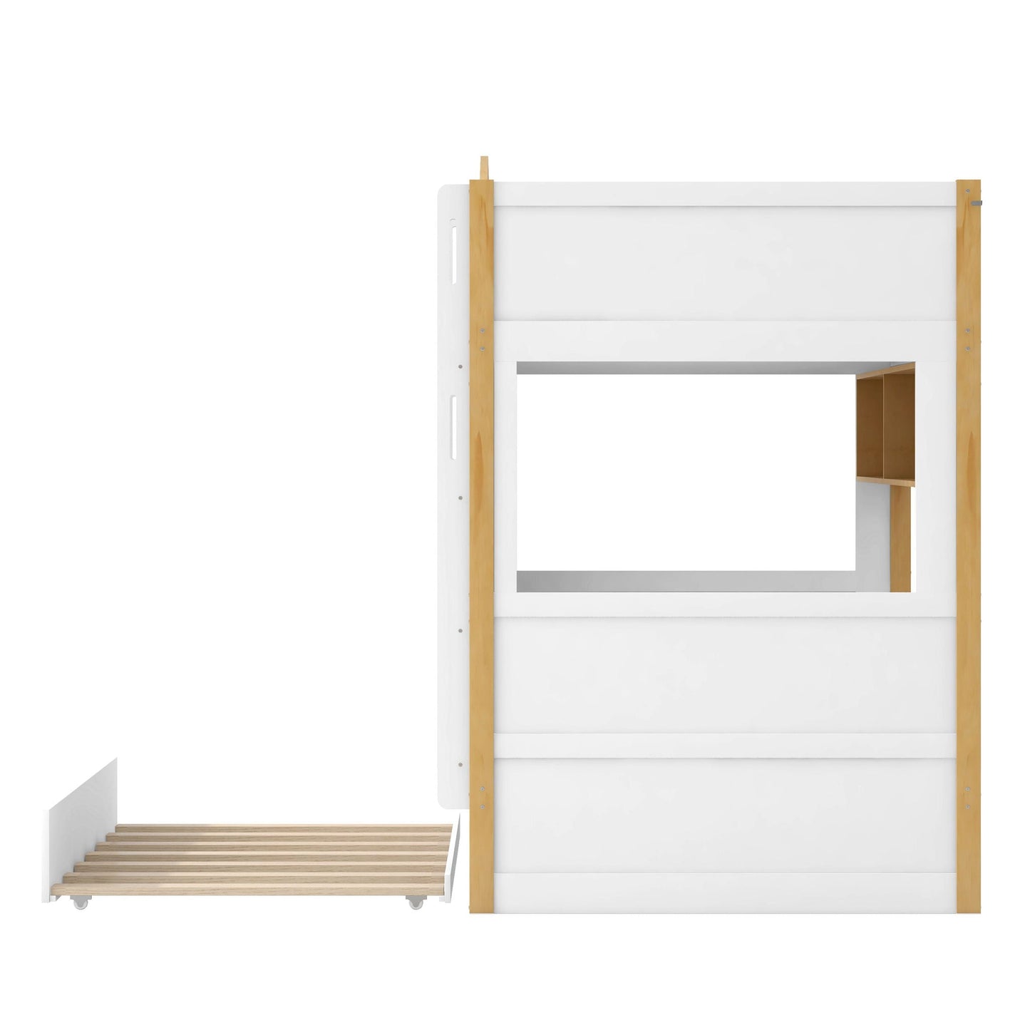 Bunk Bed With House Shaped Guardrails, Storage Shelves, And Trundle