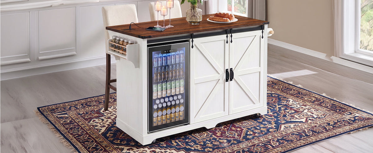 K&K 72" Farmhouse Kitchen Island with Fridge Storage Space