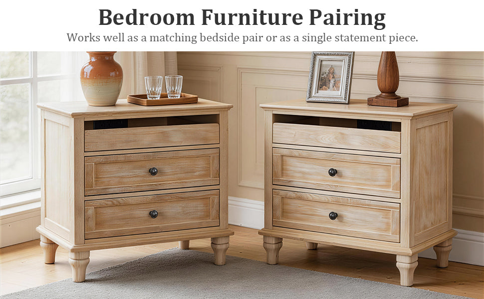 28" Wood Nightstand with Charging Station