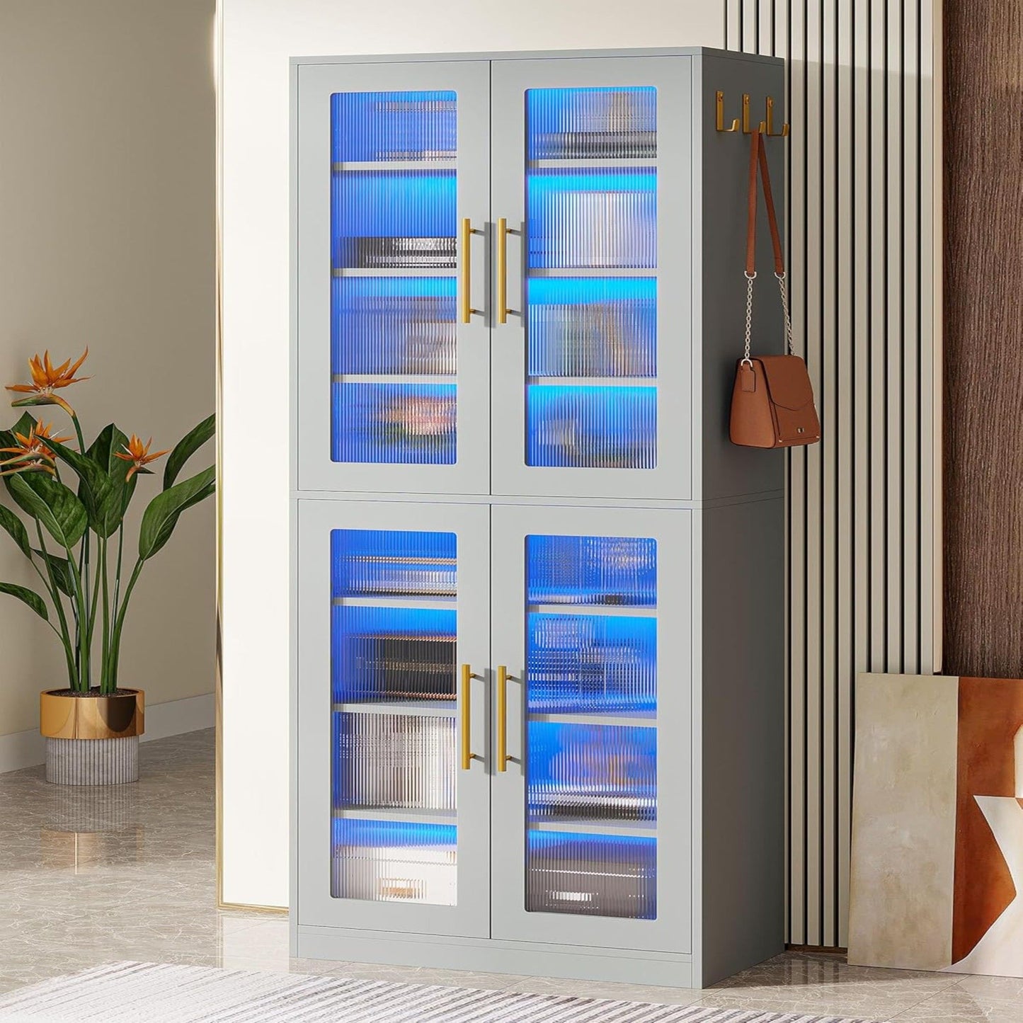 Bookcase With Doors And LED Lighting, 8 Adjustable Shelves Storage Cabinet