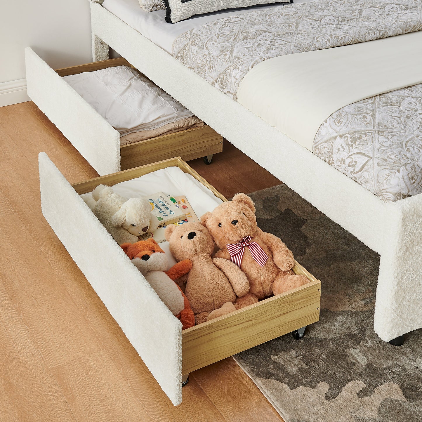 Queen Size Vertical Channel Tufted Upholstered Bed with Storage and Trundle