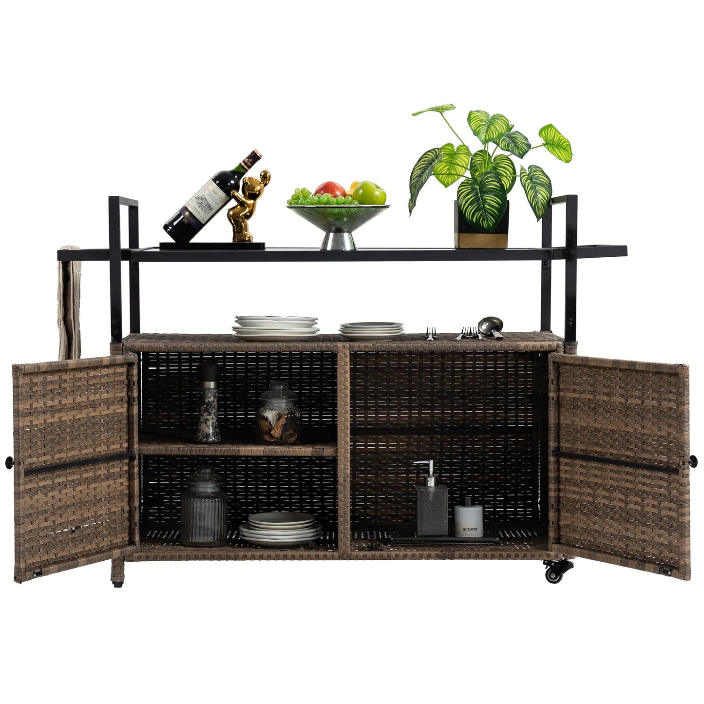 Outdoor Wicker Bar Cart with Glass Top and Wheels