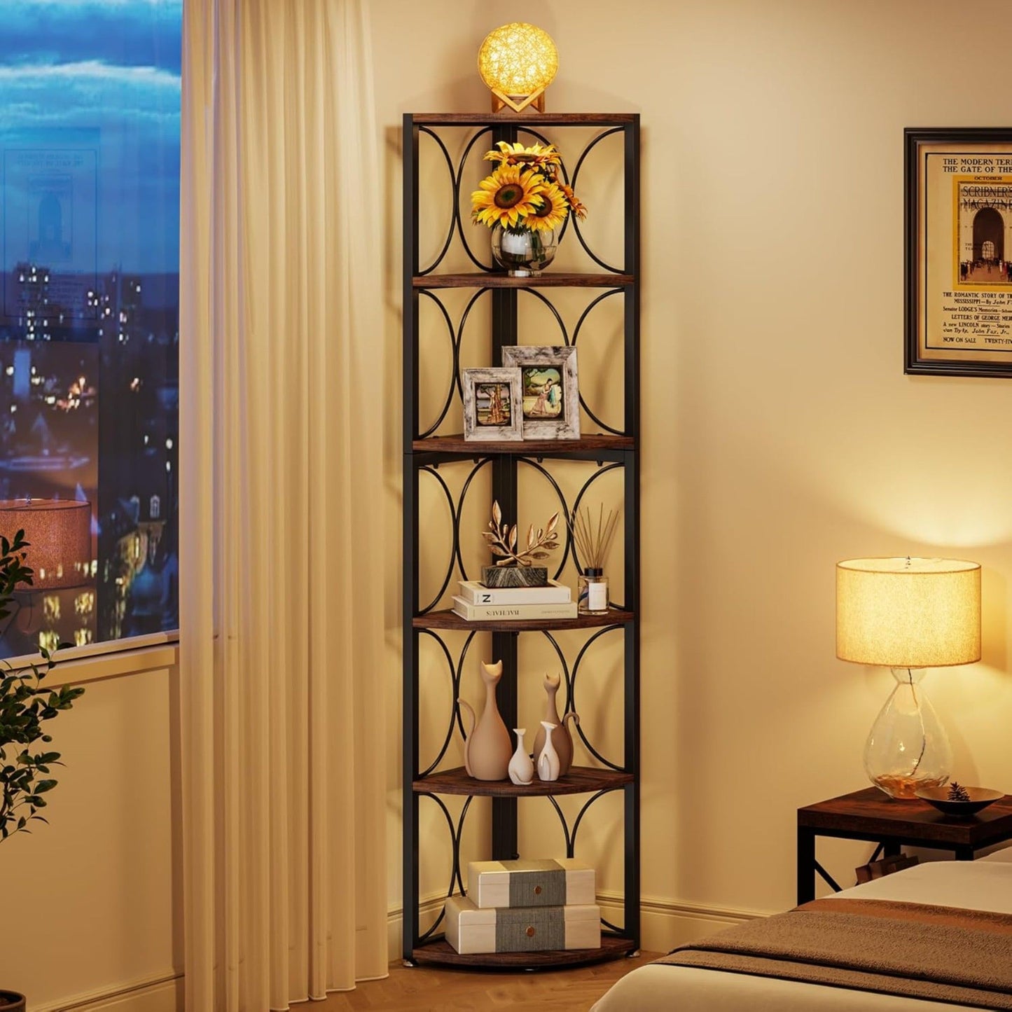 Tall 6 Tier Corner Bookshelf Storage Rack For Living Room - Rustic Brown