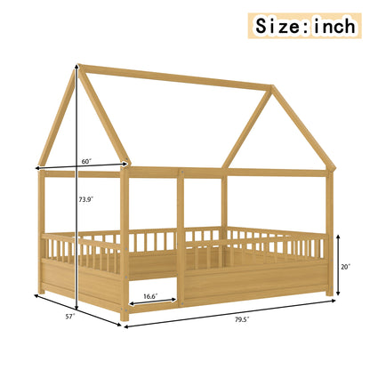 Full Size Wooden Bed with House Roof Frame
