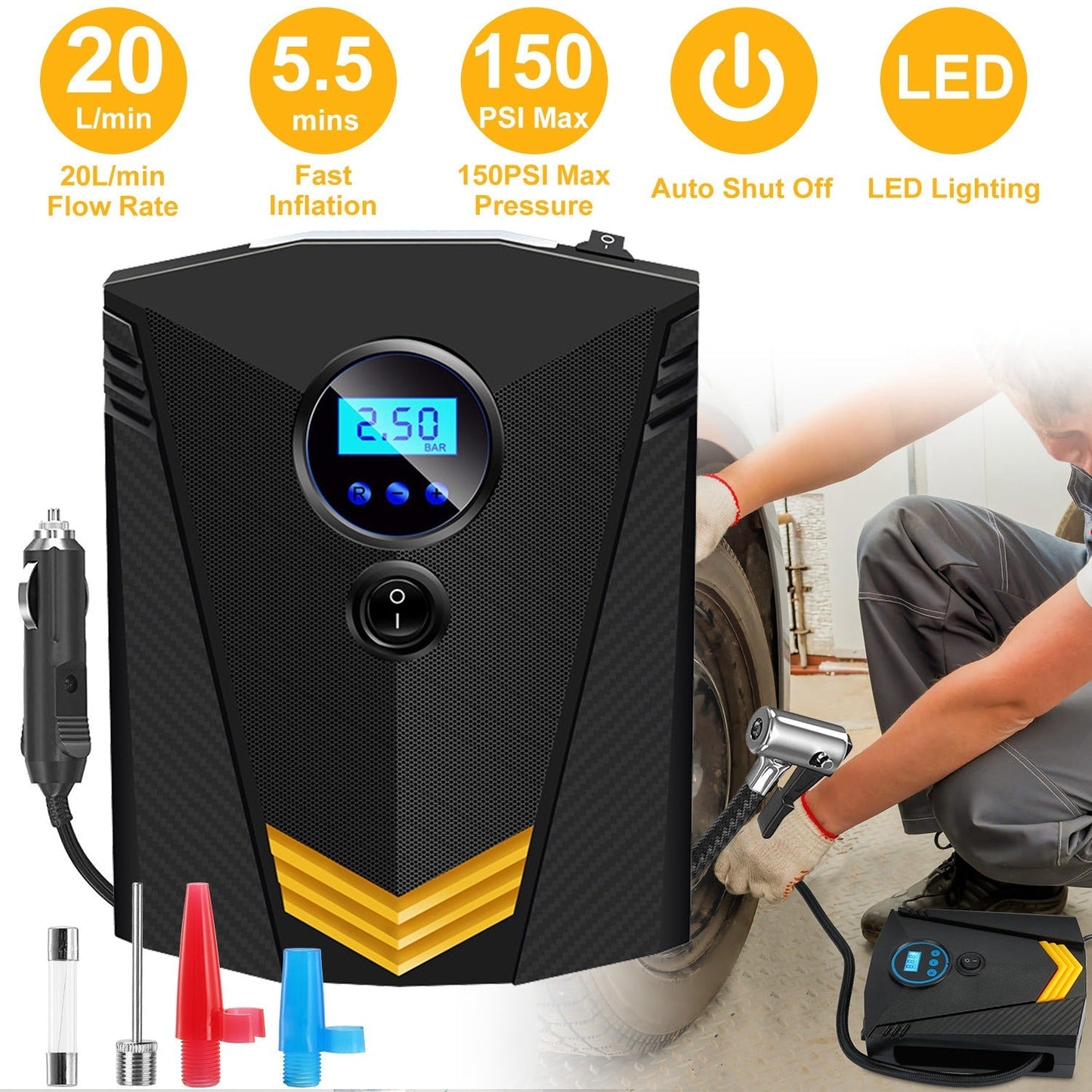 Tire Inflator 12V DC 100W 150PSI Digital Tire Pump w/LCD Display Electric Air Compressor Pump 20L/Min Air Flow