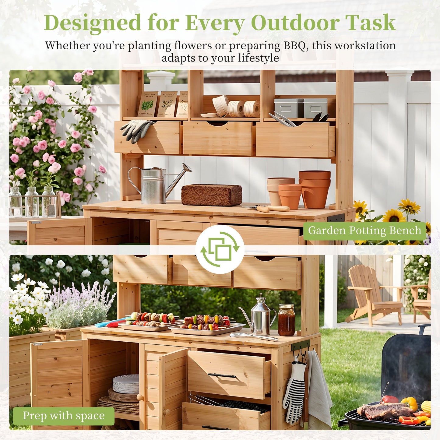 TOPMAX Farmhouse Patio Potting Bench with Storage and Workstation