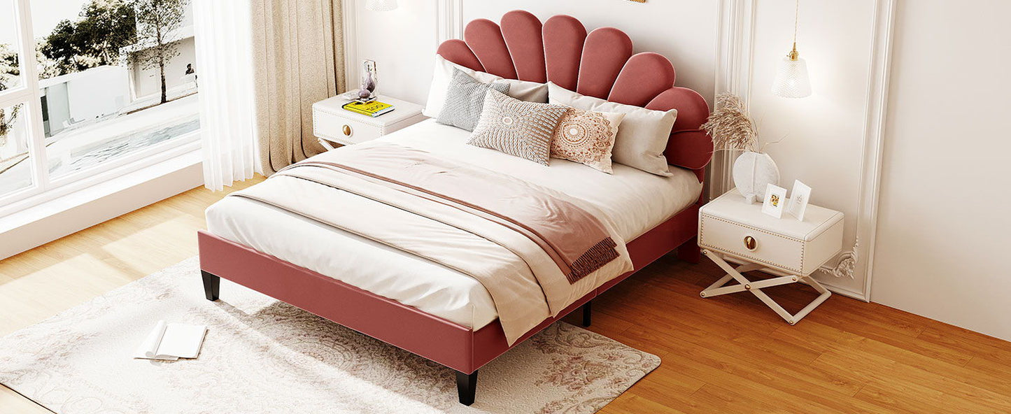 Upholstered Platform Bed With Flower Pattern Headboard