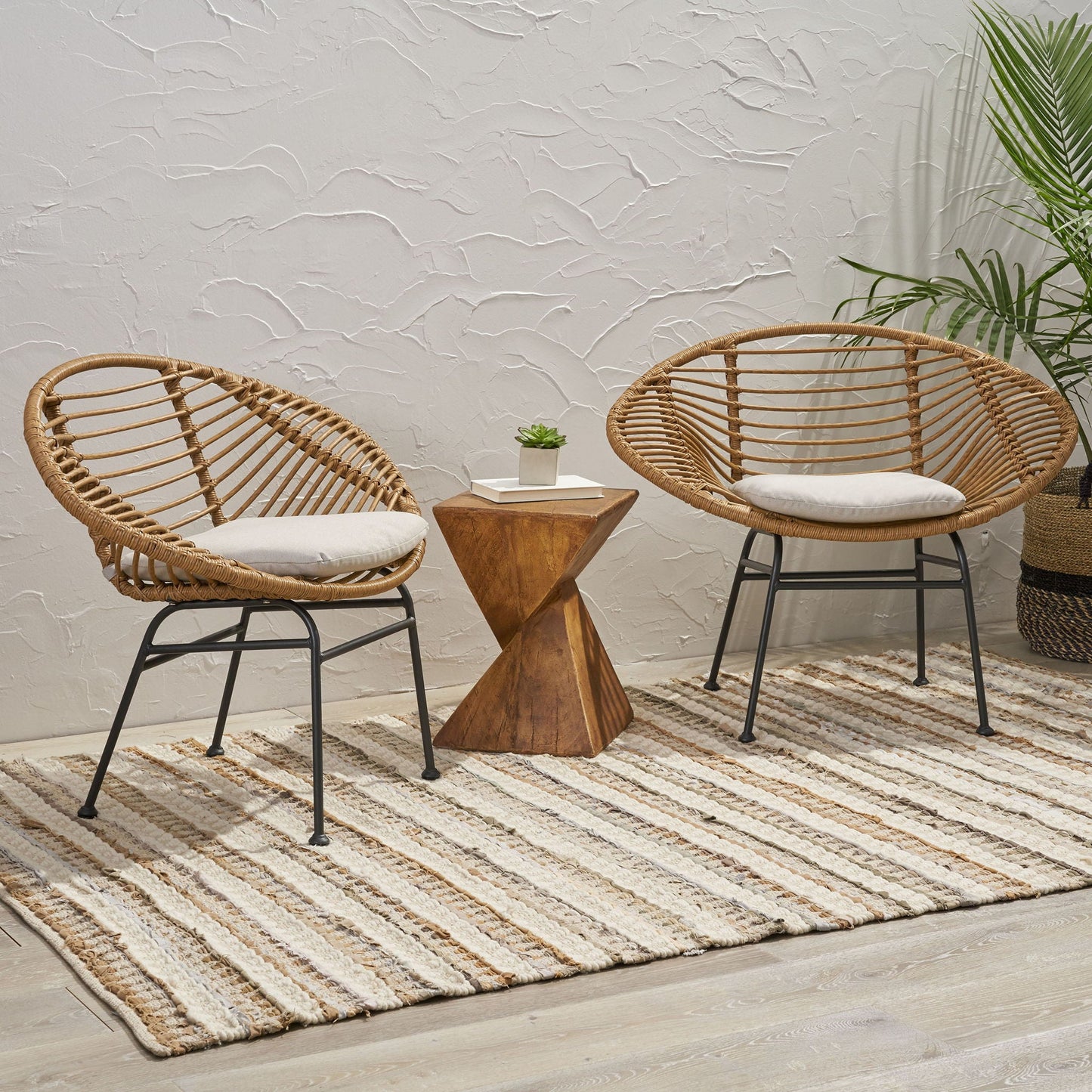 Cordella Outdoor Woven Wicker Chairs with Cushions, Set of 2