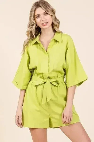 Tie Waist Romper - Half Sleeve Linen Blend Jumpsuit | Femstylo
