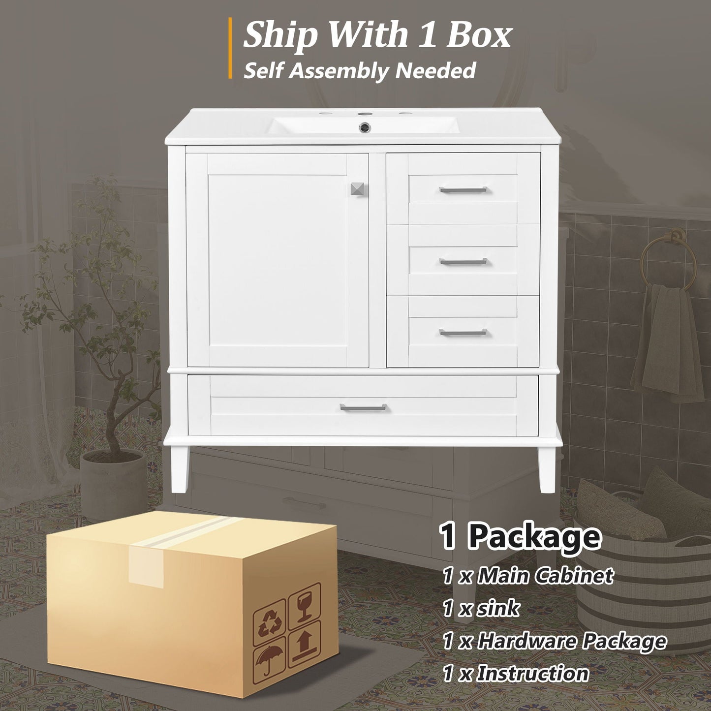 Bathroom Vanity, Modern Bathroom Cabinet With Sink Combo Set, Bathroom Storage Cabinet With A Soft Closing Door And 3 Drawers, Solid Wood Frame