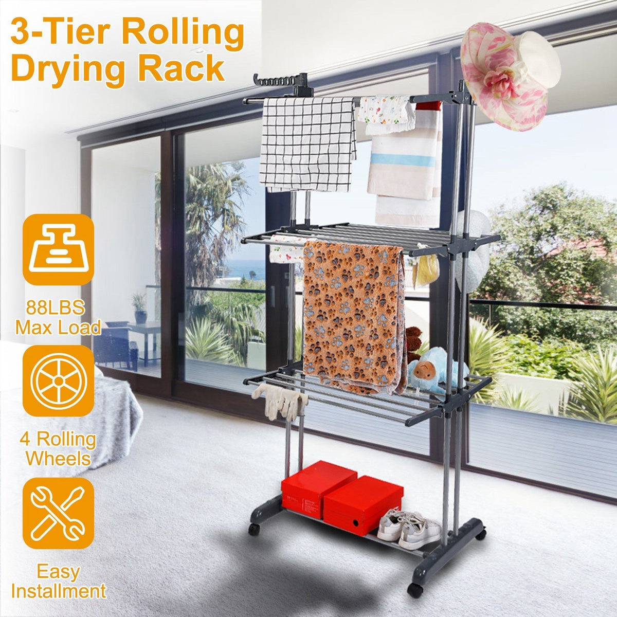 Clothes Drying Rack Rolling Collapsible Laundry Dryer Hanger Stand Rail Shelve_x000B__x000B_Wardrobe Clothing Drying Racks w/ Dual Side Wings