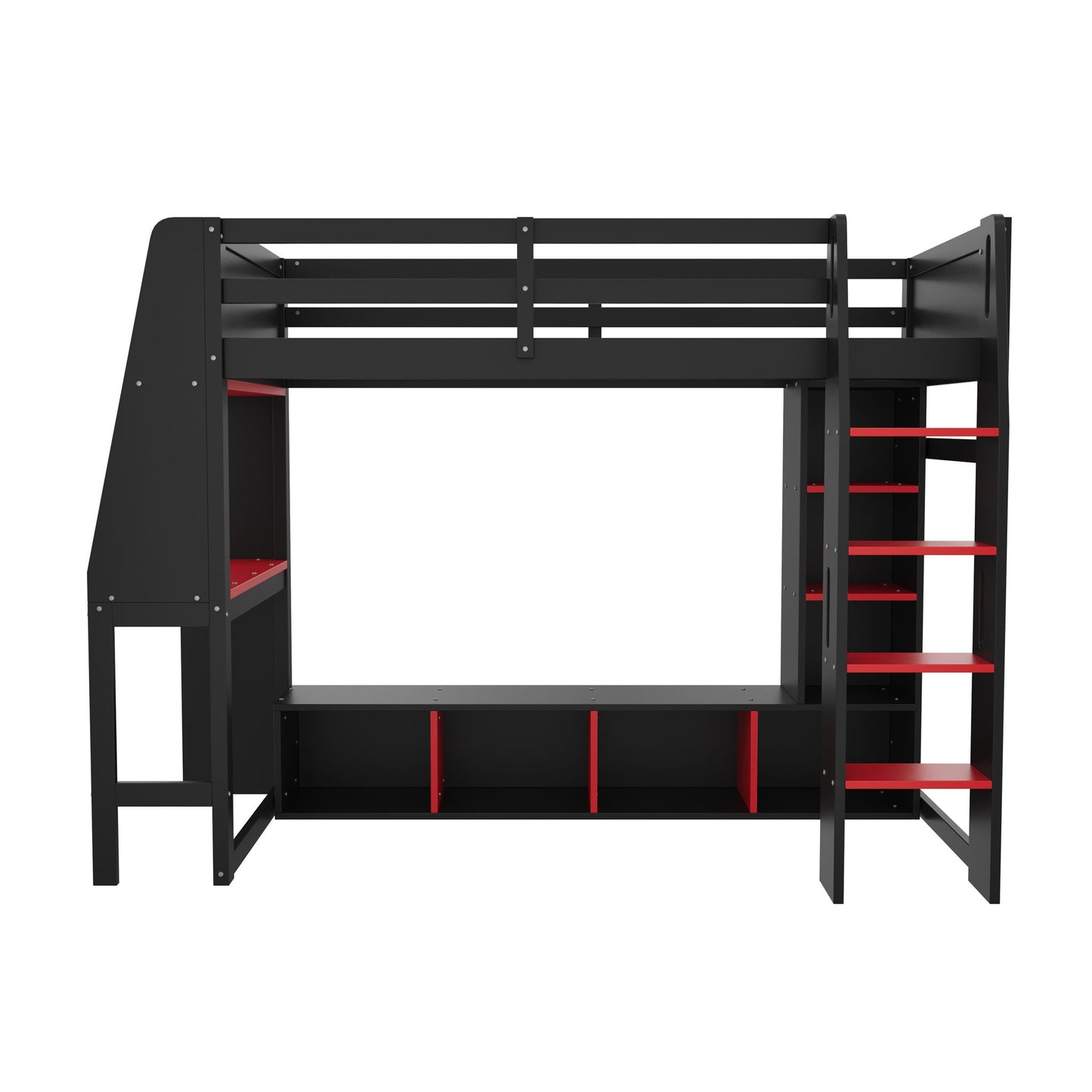 Gaming Loft Bed With Desk, Multi Storage Shelves, LED Lighting, And Hanging Clothes Rack