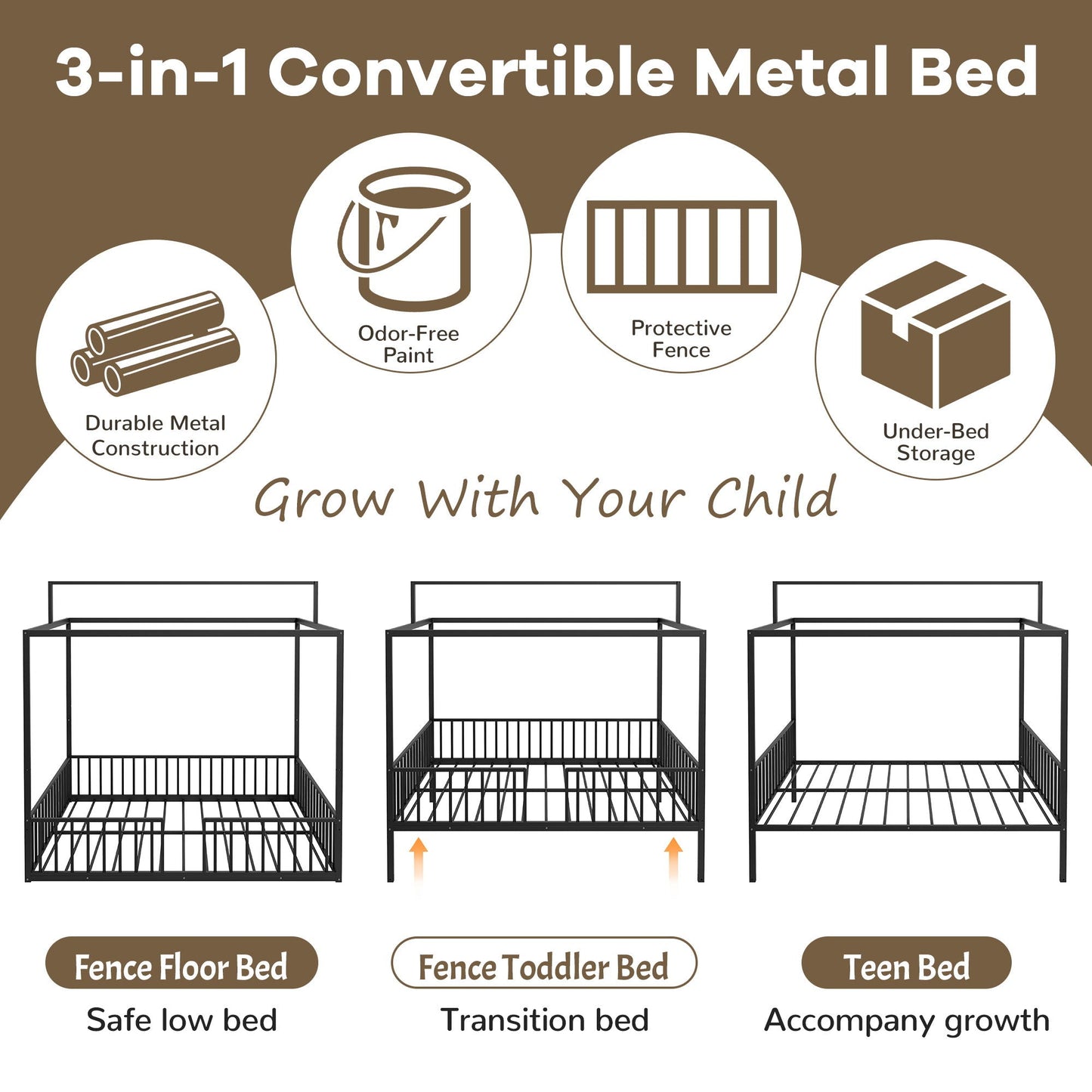 3 In 1 Convertible Montessori Floor Bed With Fenced Support