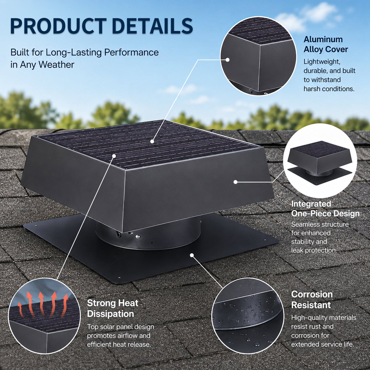 12" Flush Mount Trapezoid Solar Attic Vent with Dual Power Roof Exhaust Fan