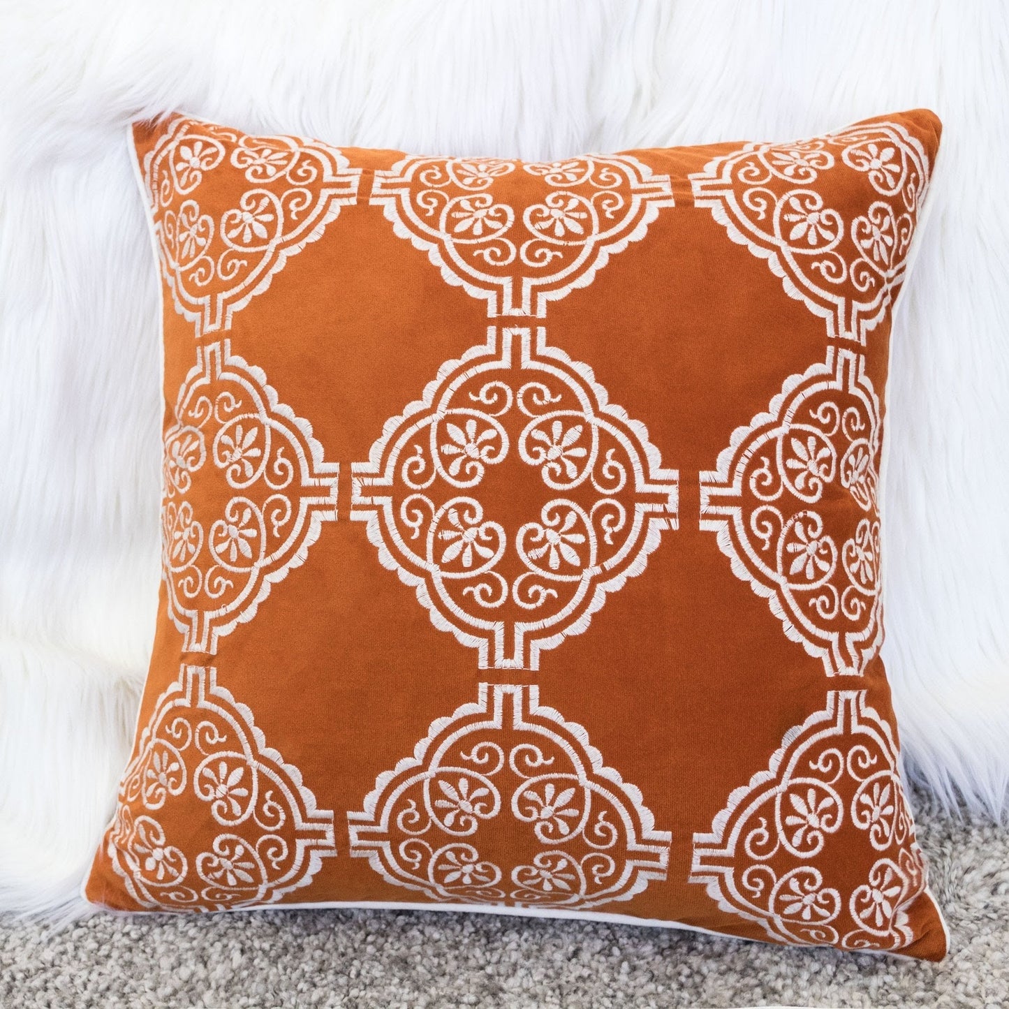 Burnt Orange Damask Embroidered Throw Pillow