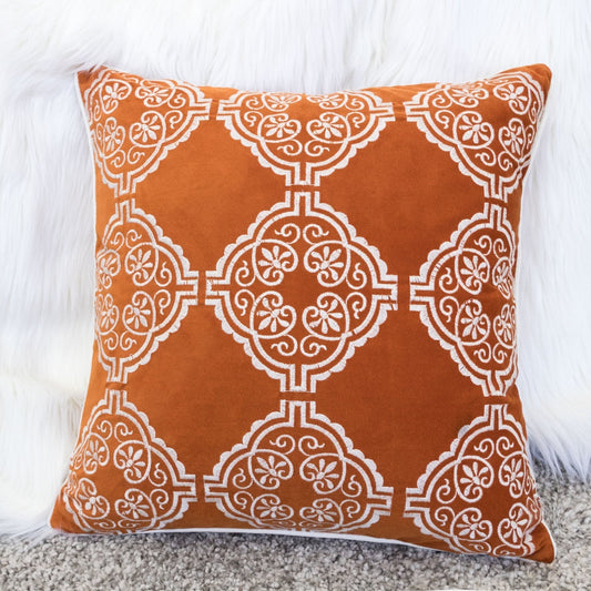 Burnt Orange Damask Embroidered Throw Pillow