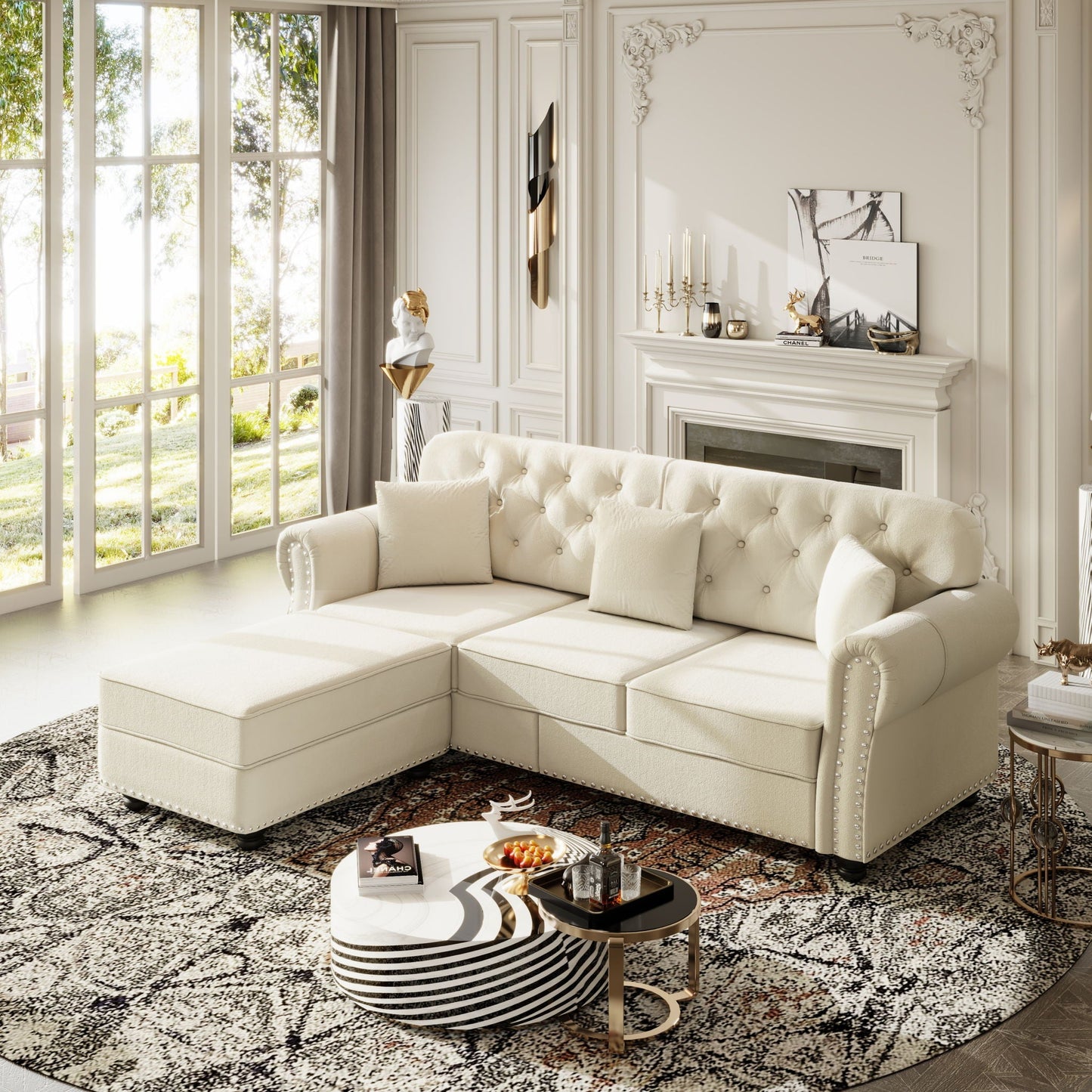 Upholstered 3 Seater Sofa Set With Ottoman