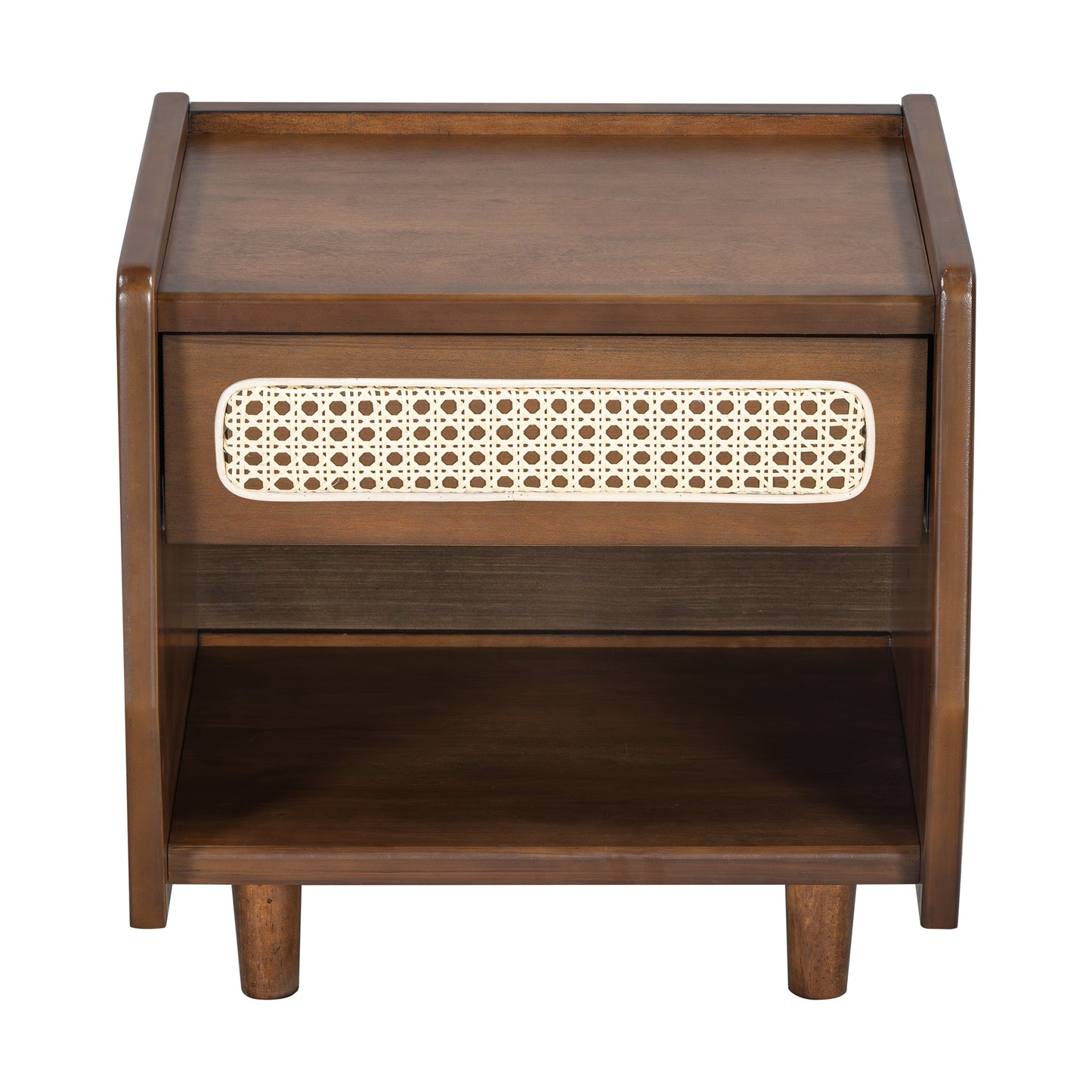 Walnut Nightstand with Rattan Detail, MDF + Solid Wood