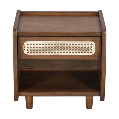 Walnut Nightstand with Rattan Detail, MDF + Solid Wood