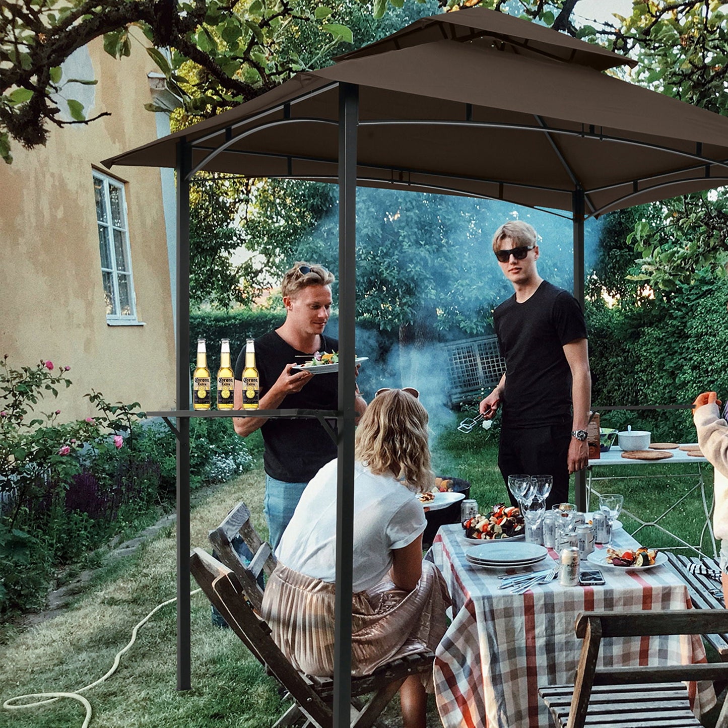 Outdoor Grill Gazebo With Double Tier Soft Top Canopy, Steel Frame, Bar Counters & Hook