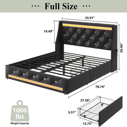 Wingback Upholstered Bed Frame With LED Lights, Charging Station