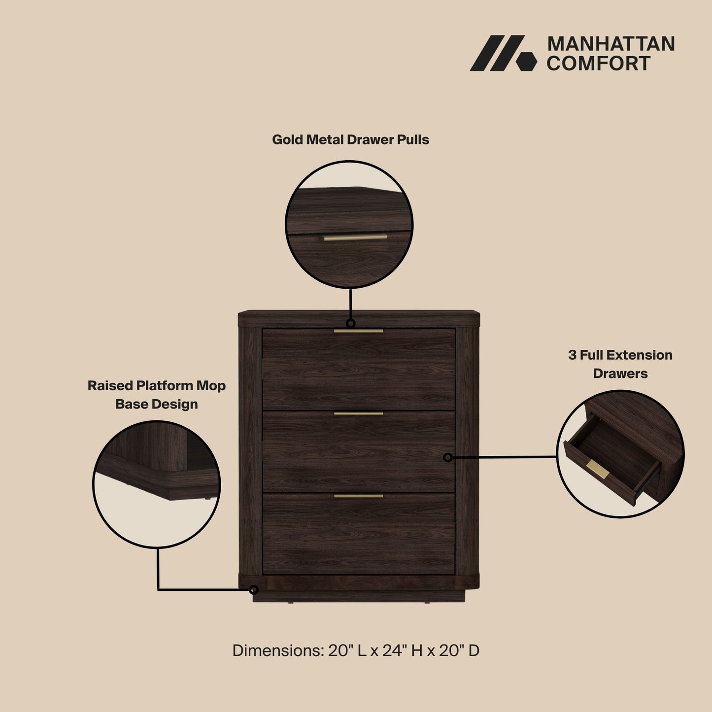 Evelyn - Nightstand With 3 Drawers, Smooth Rounded Edges